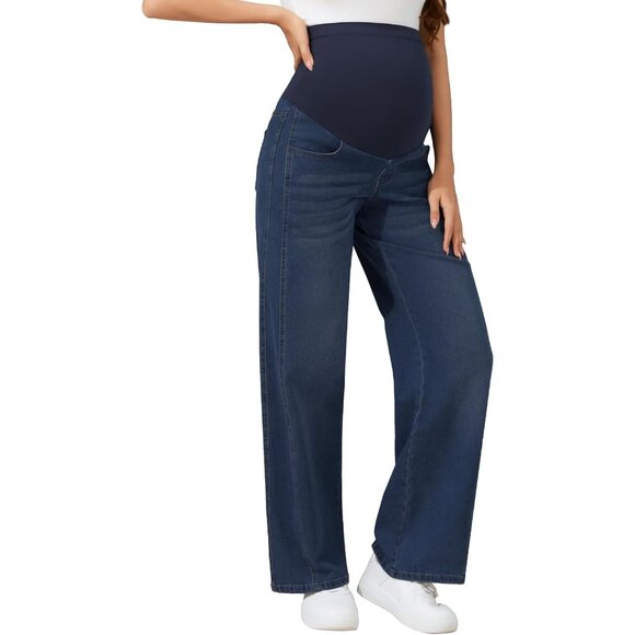 Women's Maternity Wide Leg Jeans Stretchy Denim Pregnancy Pants 31'' Inseam - Picture 1 of 6